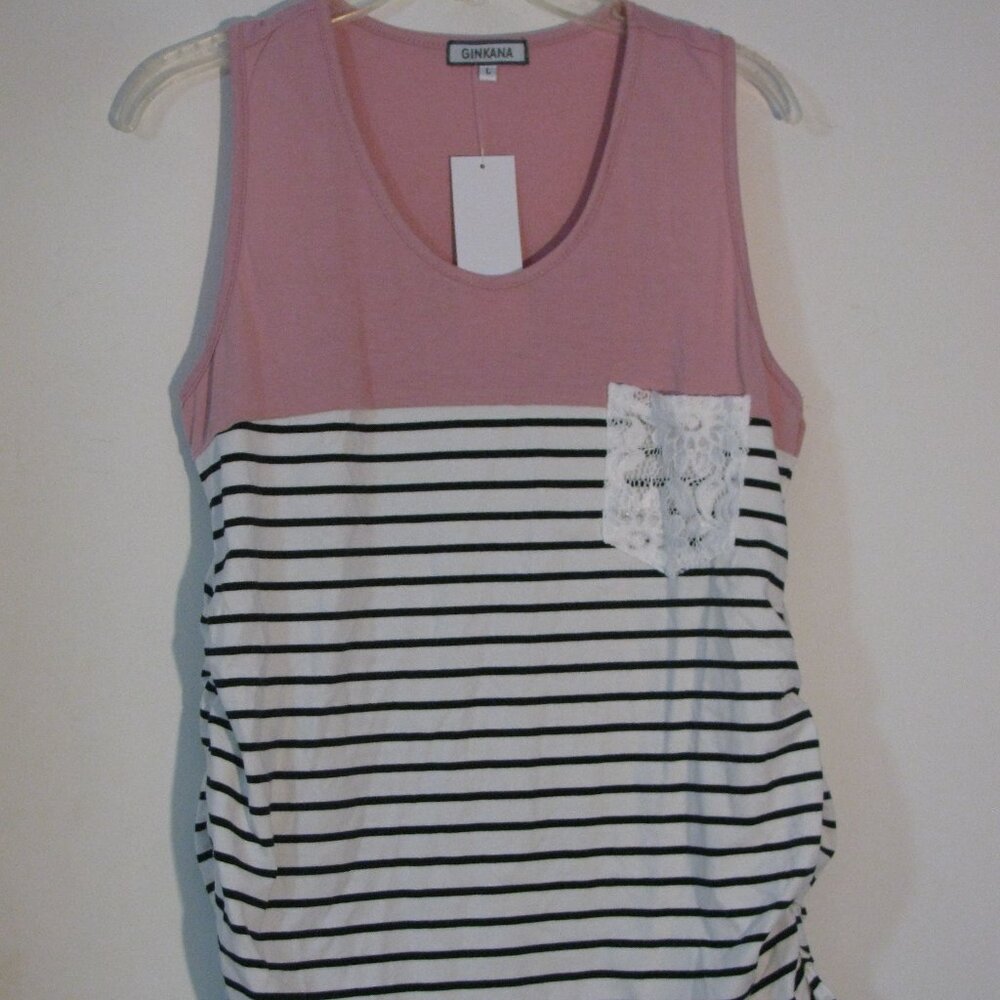 * Ginkana NWT Blouse Large Pink Stripes Lace Trim Rouching Super Cute New